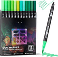 Green Duo Tip Marker Pens, 12 Pack Fine & Brush Markers by ZSCM