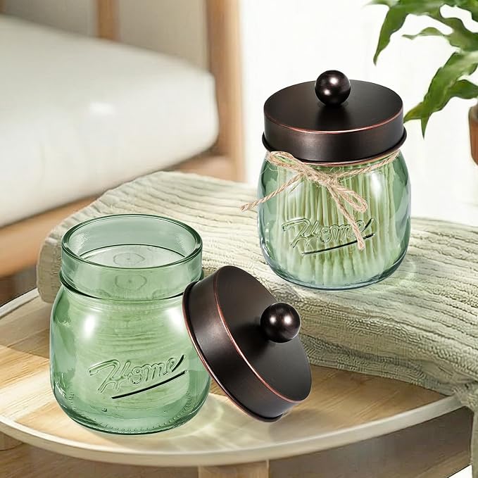 SheeChung Green Glass Qtip Holder Dispenser, Mason Jar Apothecary Jars - Image 7
