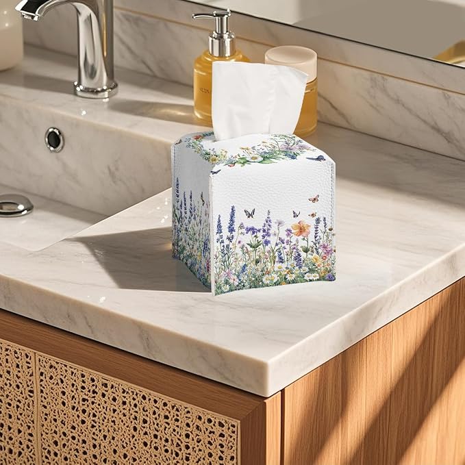 Wildflower Tissue Box Cover Colorful Spring Meadow Butterfly Garden Square PU - Image 5