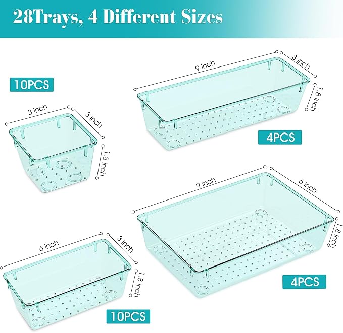 28 PCS Clear Plastic Drawer Organizers Set, 4 Size Desk Drawer Organizer Trays - Image 2