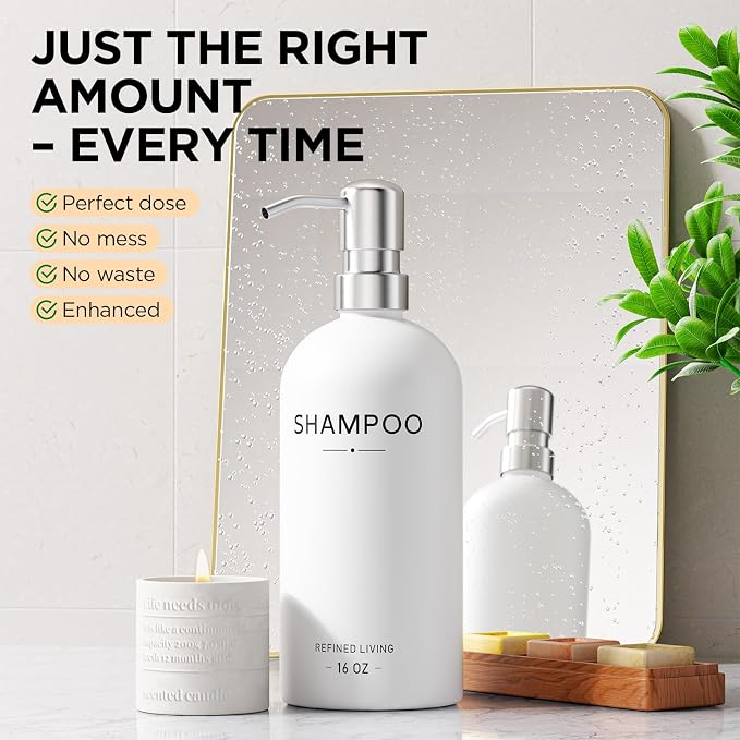 Shampoo and Conditioner Dispenser Set, 3 Refillable 16oz Bottles - Image 5