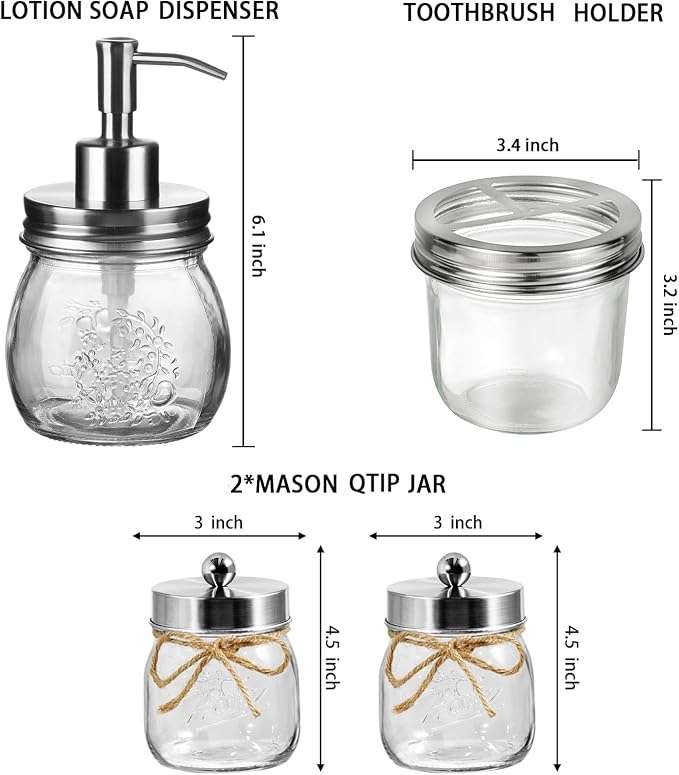 Amolliar Mason Jar Bathroom Accessories Set 4 Pcs -Lotion Soap Dispenser & 2 - Image 2