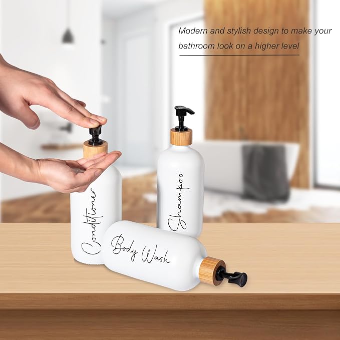 Glass Shampoo and Conditioner Pump Bottles Soap Dispenser Bamboo Pump Head - Image 5