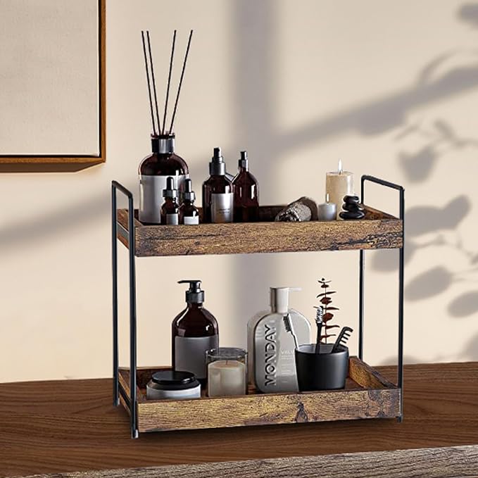 2 Tier Bathroom Counter Organizer Wood Bathroom Storage Shelf Spice Rack - Image 7