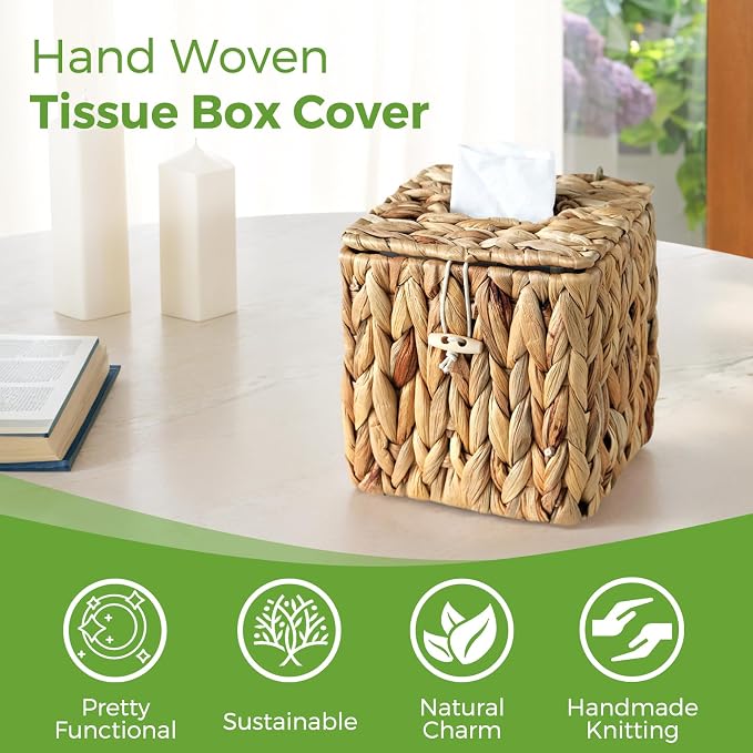 Rattan Tissue Box Cover with Lid, Wicker Tissue Box Holder Square, Hand Woven - Image 2