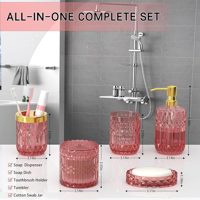 New Pink Glass Bathroom Accessories Set 5 Pcs, Soap Dispenser and Toothbrush - Image 6
