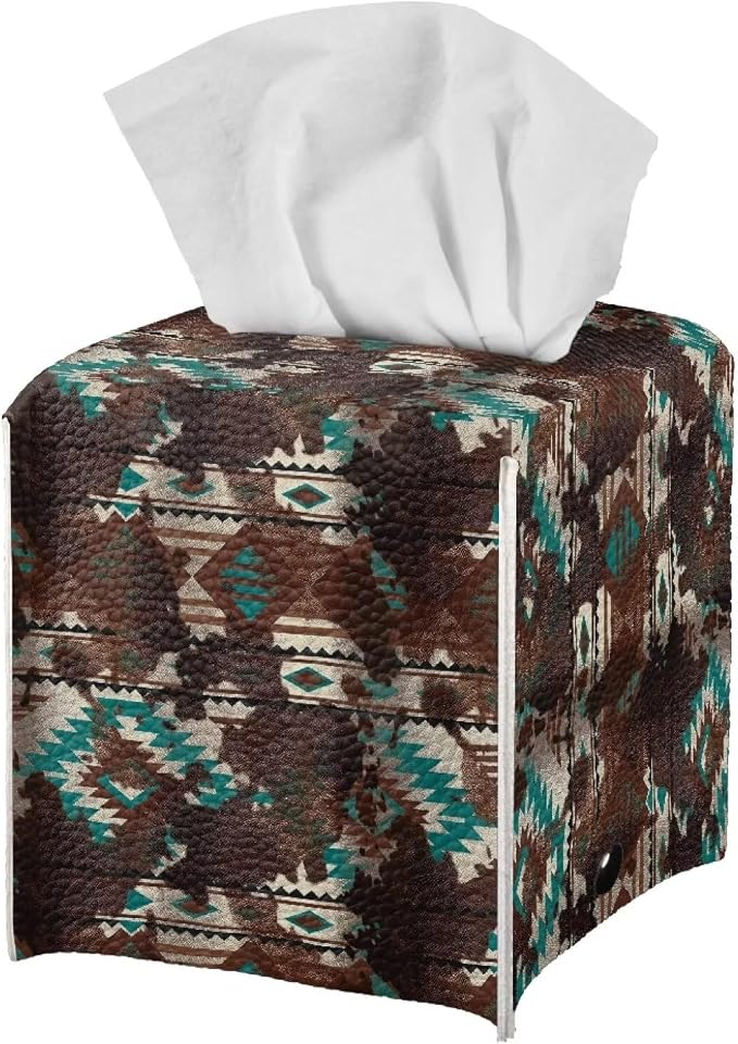 Aztec Cowhide Minimalist Tissue Box Holder, Square PU Leather Napkin Organizer - Image 2
