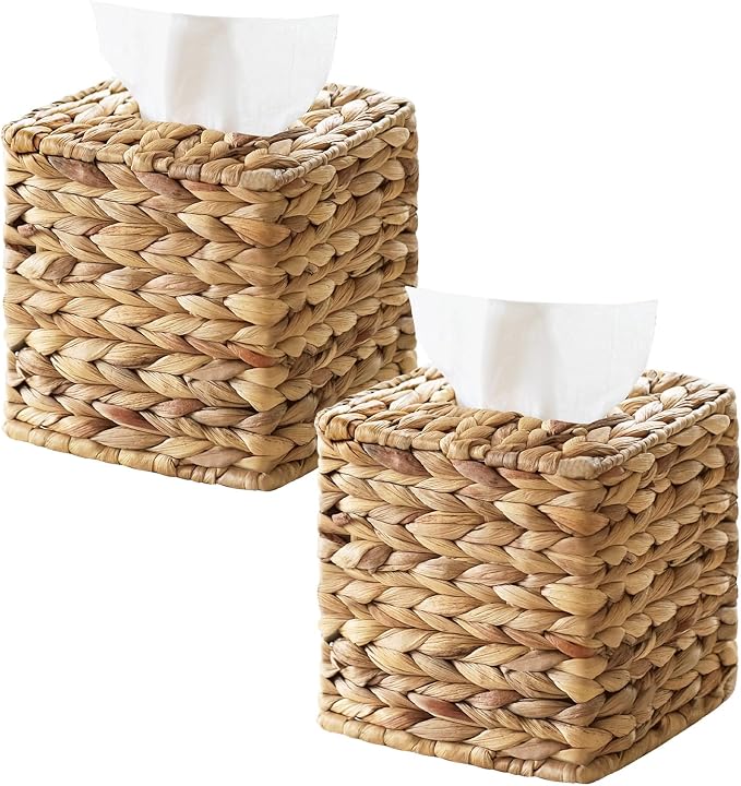 2 Pack Rattan Tissue Box Cover Square, Wicker Tissue Box Holder Facial Tissues by S310