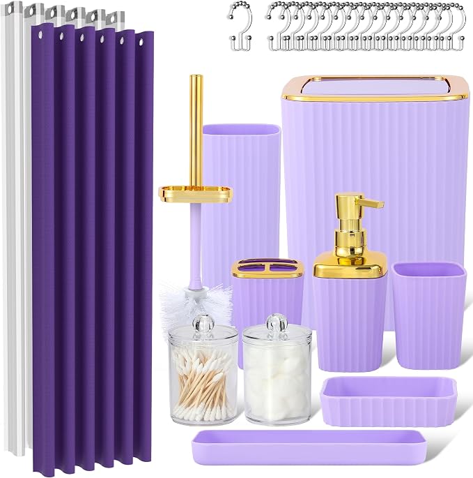 Purple Bathroom Set, Trash Can, Toothbrush Holder, Soap Dispensers, Toothbrush by Viowil