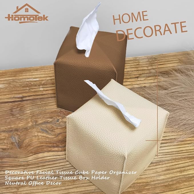 HOMOTEK 2 Pack Tissue Box Cover, Square PU Leather Tissue Holder, Decorative - Image 5