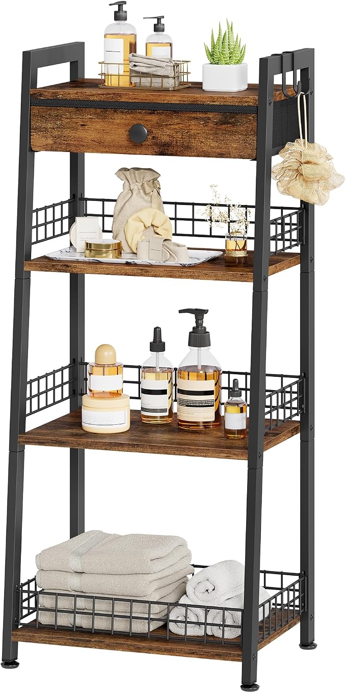 4-Tier Ladder Shelf with Drawer, Bathroom Table Stand by Gewudraw