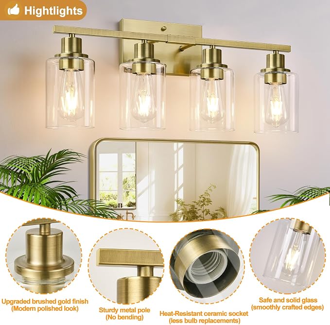 4 Light Bathroom Light Fixtures, Brass Vanity Lights - Image 3