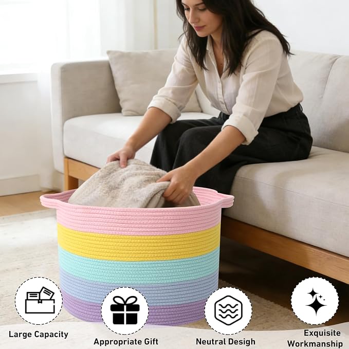 65L Large Blanket Basket, 19.7" L x 19.7" W x 13" H Rope Woven Baskets - Image 4