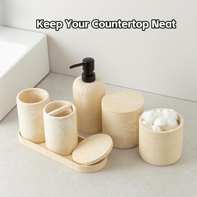 Bathroom Accessories Set, Travertine Stone-Look, Toothbrush Holder, Vanity Tray - Image 2
