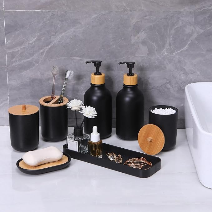 Matte Black Bathroom Accessories Set 7 Pcs, Bamboo Bathroom Accessories Sets - Image 2
