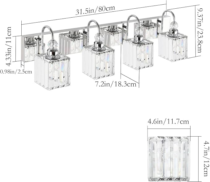 Ralbay Chrome Crystal Vanity Light 4-Lights 31.5'' Modern Bathroom Wall - Image 5