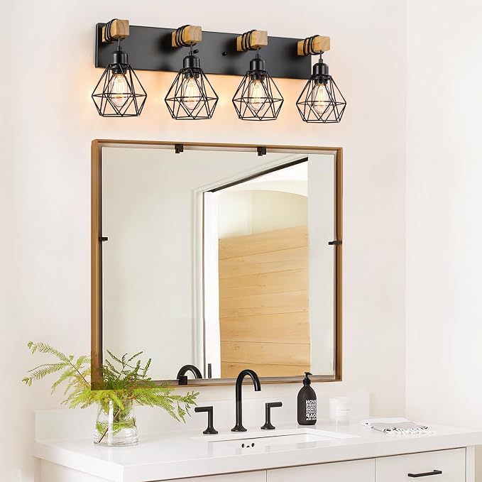 4-Light Farmhouse Bathroom Vanity Light Fixtures, Wood Bathroom Light Fixtures - Image 2