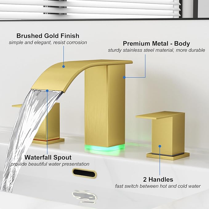 RUMOSE LED Bathroom Faucets Set Brushed Gold 8 inch Bathroom Sink Faucet 3 Hole - Image 5