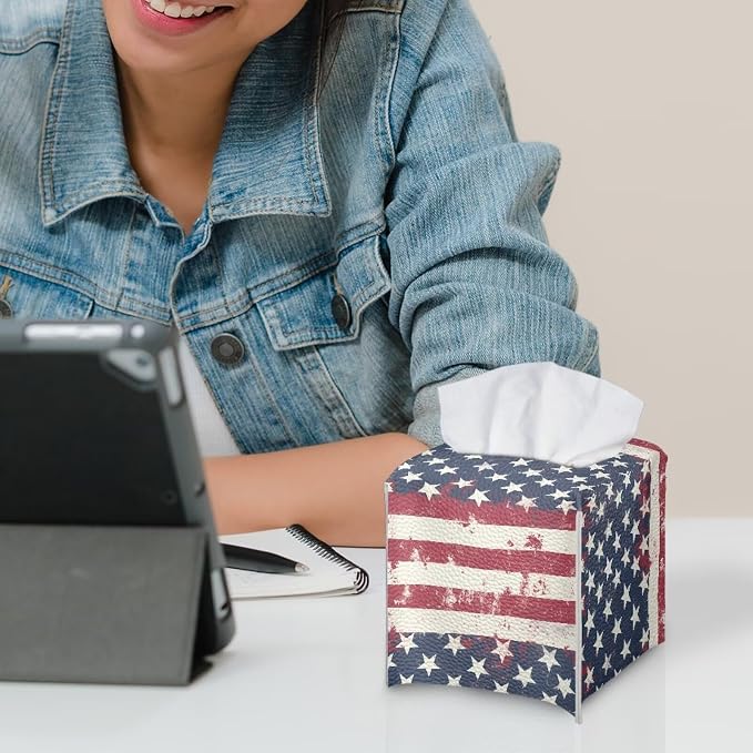 American Tie Dye Minimalist Tissue Box Holder, Square PU Leather Napkin - Image 6