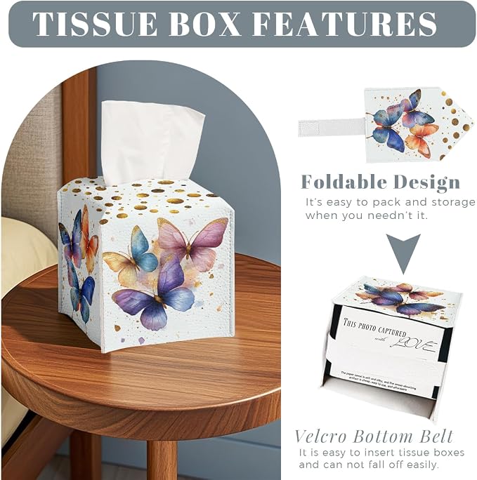 Butterfly Tissue Box Cover Metallic Gold Accents Blue Orange Art Leather Tissue - Image 2