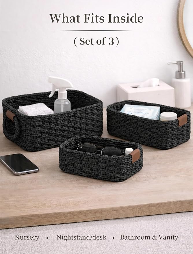 Storage Basket, Recycled Paper Rope Bathroom Basket Organizer, Mini wicker - Image 3