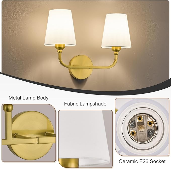 Bathroom Vanity Light, Brushed Gold Bathroom Light Fixtures, 2-Light Lighting - Image 7