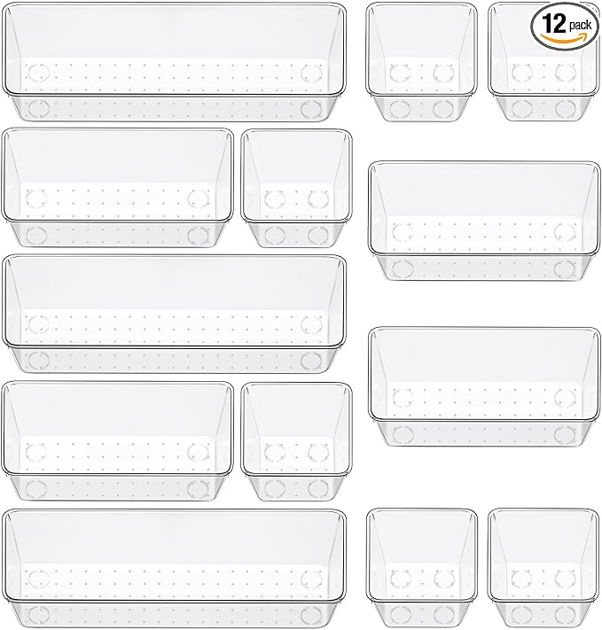 12 Piece Clear Drawer Organizer Set, 3 Sizes Bathroom Vanity Organizer Trays by Freshmage