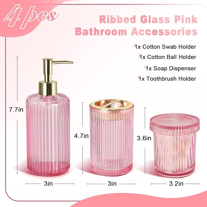 Pink Bathroom Accessories Set, 4 Pack Ribbed Grils Soap Dispenser and - Image 2