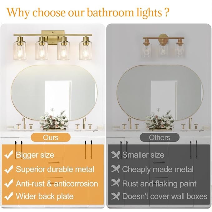 4 Light Bathroom Light Fixtures, Brass Vanity Lights - Image 2