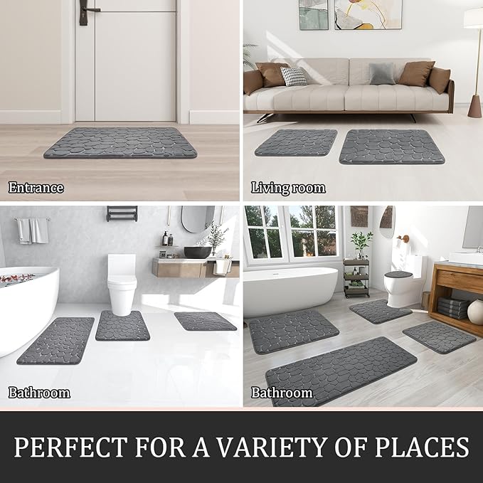 YIHOUSE Bathroom Rugs Mat Set 3 Piece Dark Grey, Memory Foam Bath Mats Sets - Image 6