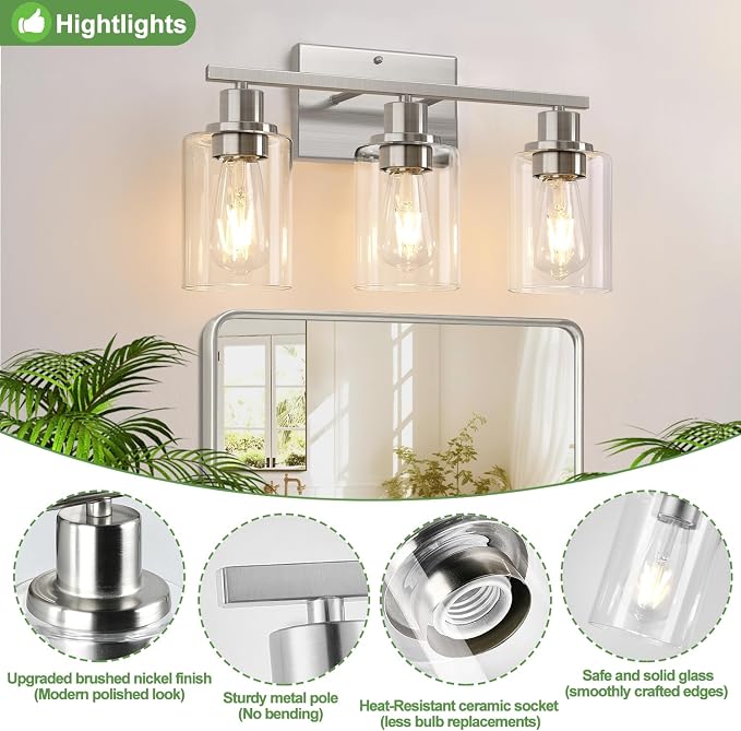3-Light Bathroom Light Fixtures, Brushed Nickel Vanity Lights - Image 3
