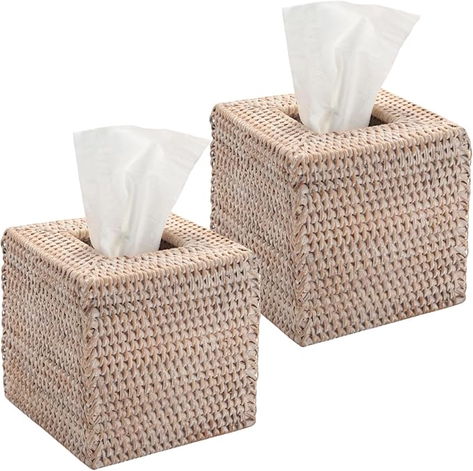 2 Pack Rattan Tissue Box Cover Square, Wicker Tissue Box Holder, Decorative by XIMISISE