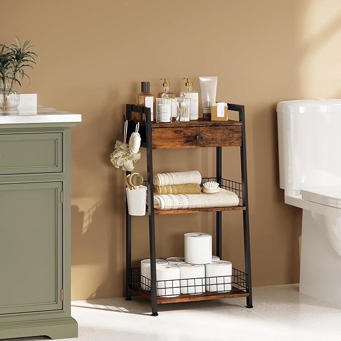 3-Tier Ladder Shelf with Drawer, Bathroom Table Stand - Image 4