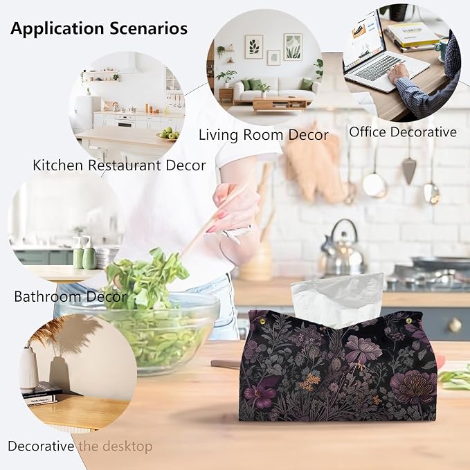 Black Floral Leather Tissue Box Cover Rectangle, Spring Flower Toilet Paper Box - Image 4