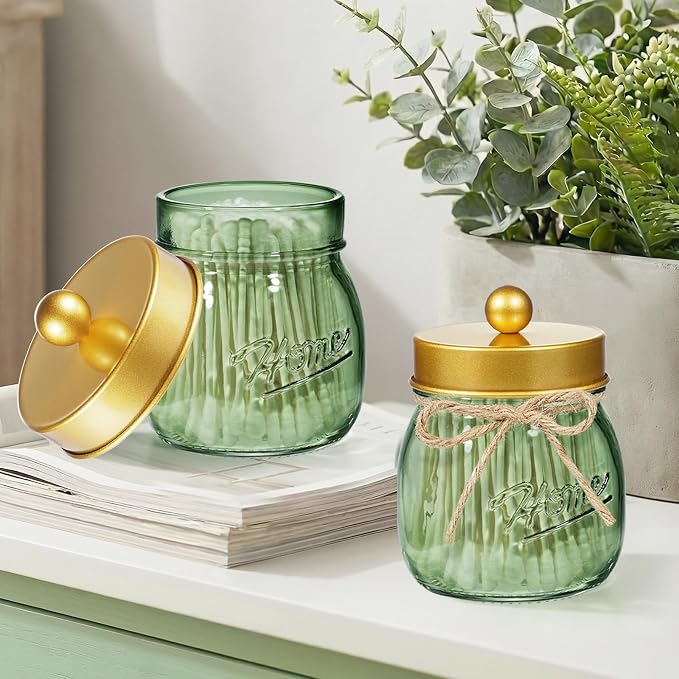 SheeChung Green Glass Qtip Holder Dispenser, Mason Jar Apothecary Jars - Image 5