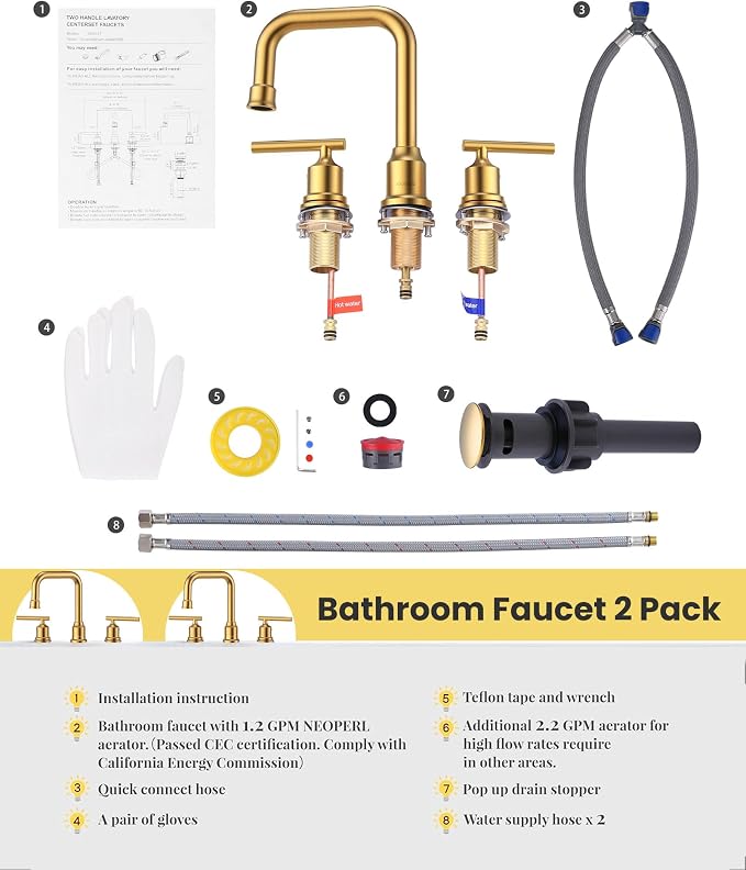 Brushed Gold Bathroom Faucet Set: WOWOW Widespread Bathroom Sink Faucet 3 Hole - Image 7