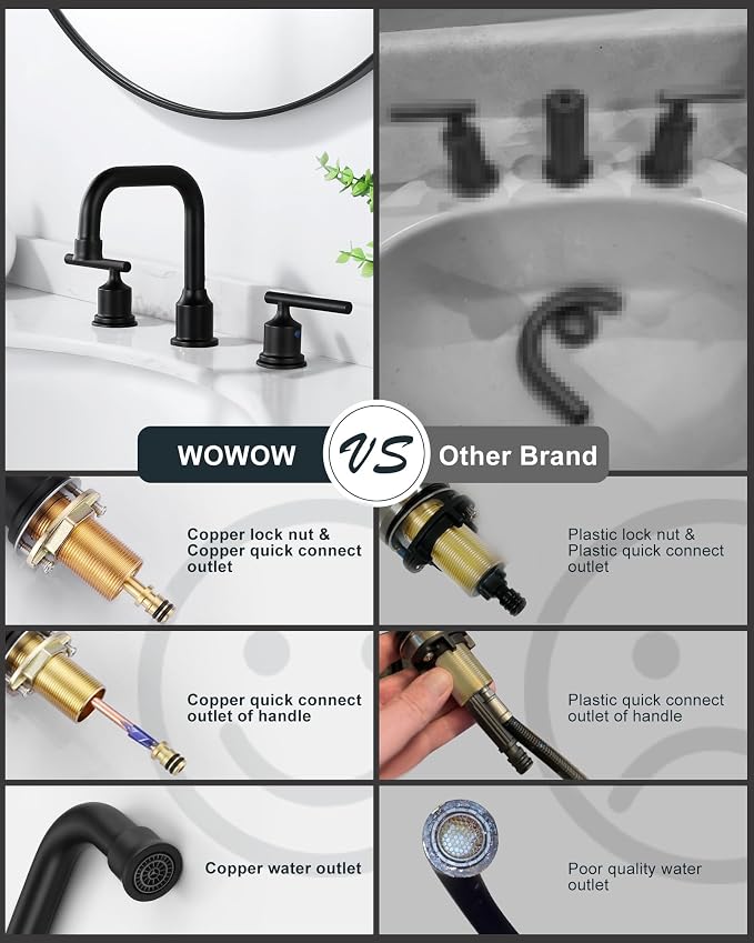 3 Hole Bathroom Faucet Black: WOWOW 8 Inch Bathroom Sink Faucet Widespread - Image 2