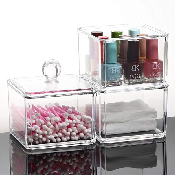 Stackable Square Acrylic Cotton Ball Holder Q-tip Holder Bathroom Swab Dispenser - Image 4