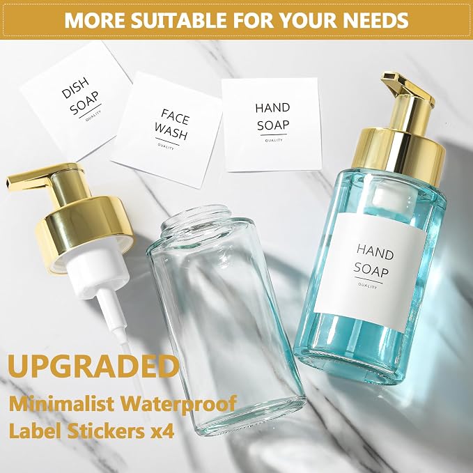Foaming Soap Dispenser, 10 oz/300ml Gold Soap Dispenser, 2 Pack Glass Foaming - Image 7