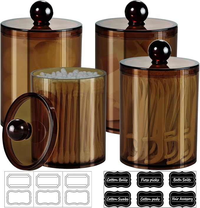 SheeChung 4-Pack Amber Acrylic Apothecary Jars - 15oz & 12oz Qtip Holder Set - by SheeChung