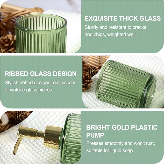 Green Glass Bathroom Accessories 4 Pcs, Soap Dispenser and Toothbrush Holder Set - Image 4