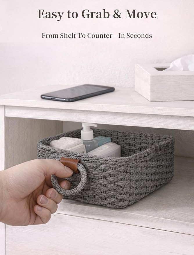 Storage Basket, Recycled Paper Rope Bathroom Basket Organizer, Mini wicker - Image 5