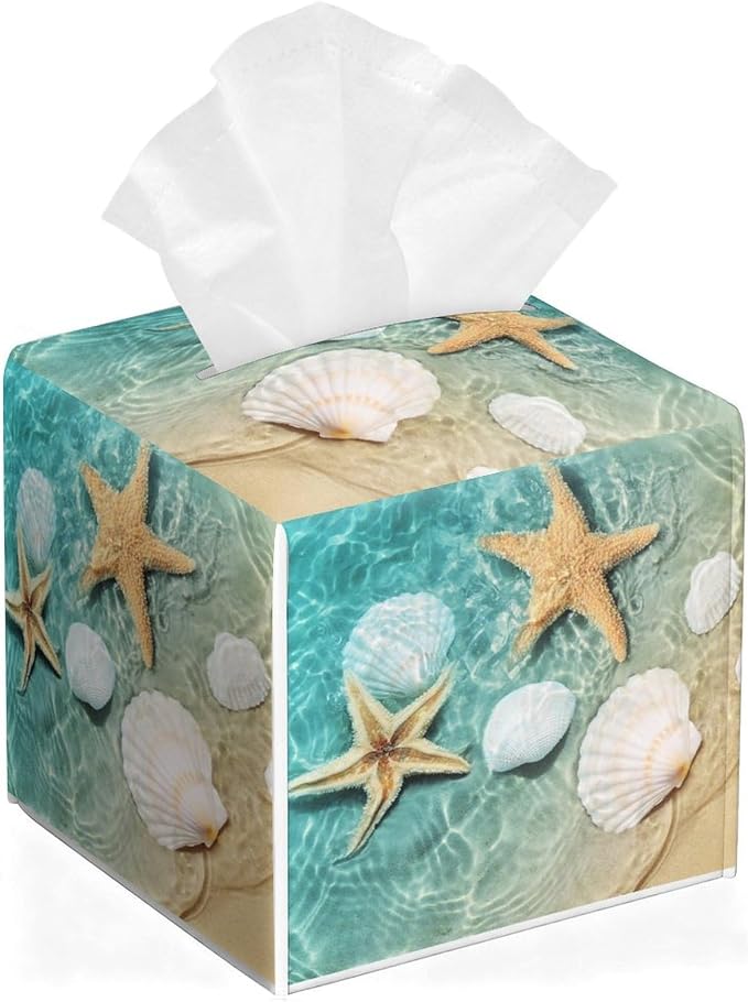 Sea Shell Tissue Box Cover Leather Tissue Box Holder Square Facial Paper by Unknown