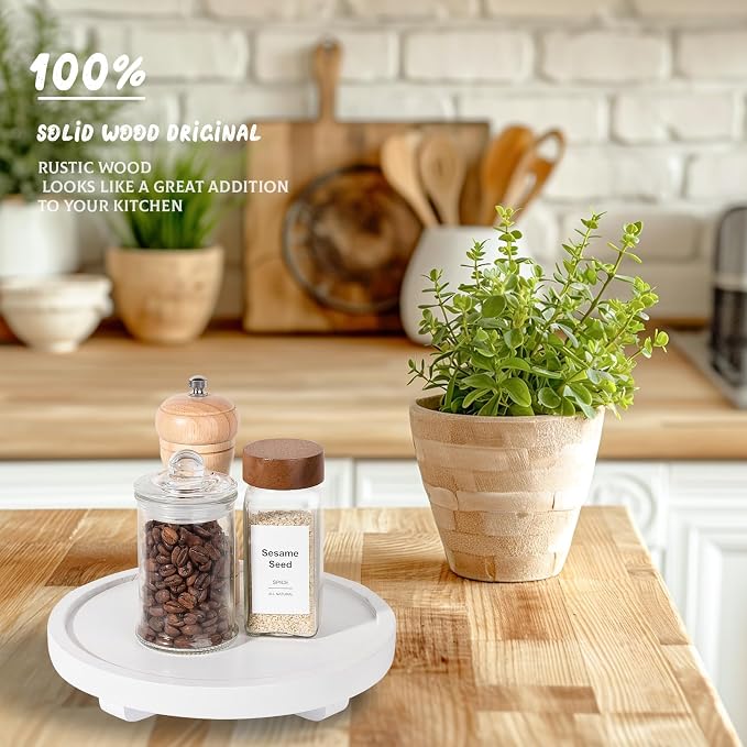 Round Decorative Tray Wood Bathroom Counter Organizer Farmhouse Kitchen Decor - Image 3
