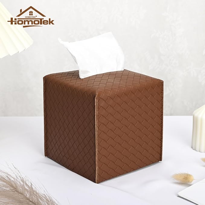 HOMOTEK 2 Pack Tissue Box Cover, Square PU Leather Tissue Holder, Decorative - Image 3