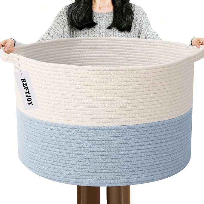 115L Large Blanket Basket, 23.6" L x 23.6" W x 15.7" H Rope Woven Baskets by HZFTJOY