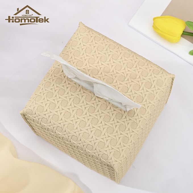 HOMOTEK 2 Pack Tissue Box Cover, Square PU Leather Tissue Holder, Decorative - Image 2