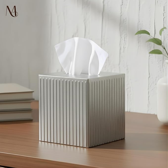 Monarch Abode Tissue Box Cover Square – Handcrafted Ridge Embossed Pewter Metal - Image 2
