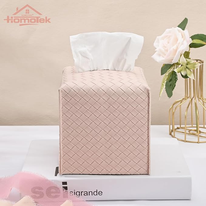 HOMOTEK 2 Pack Tissue Box Cover, Square PU Leather Tissue Holder, Decorative - Image 5