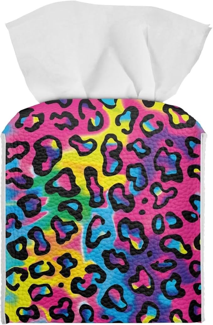 Rainbow Leopard Tissue Box Holder Waterproof PU Leather Square Tissue Box Cover by Pzuqiu